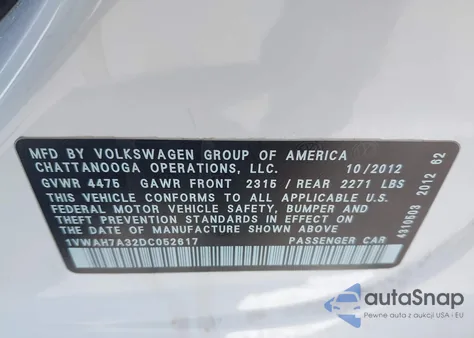 2013 Volkswagen Passat 2.5L S from USA, damaged, VIN 1VWAH7A32DC052617